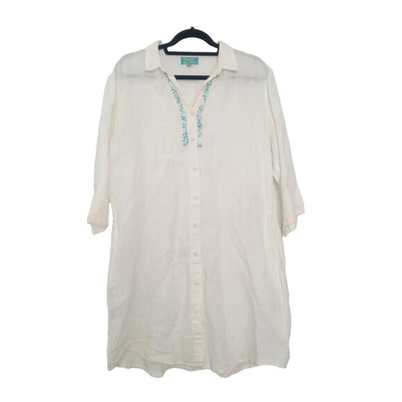 Antica Sartoria Beaded Embroidered Button Down Linen Tunic Size XL White Coastal - Picture 1 of 14